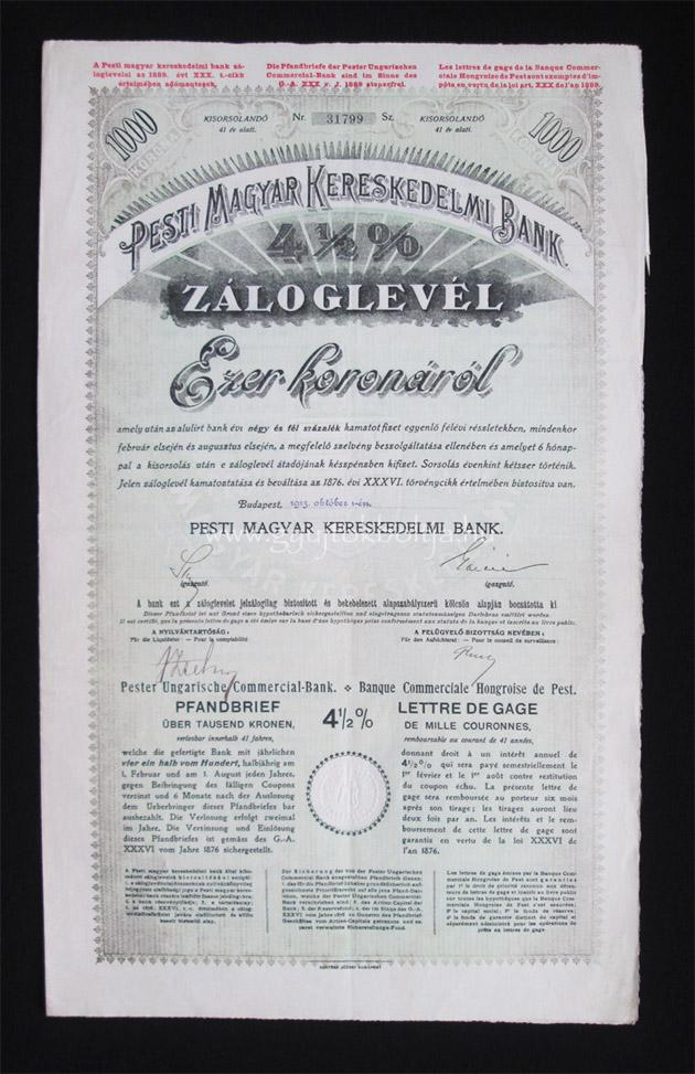 Pesti Magyar Kereskedelmi Bank záloglevél 1000 korona 1913 -ny-